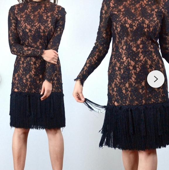 Saks Fifth Ave 80s Randall brooke formal Lace saying fringe cocktail  dress med - Picture 3 of 14
